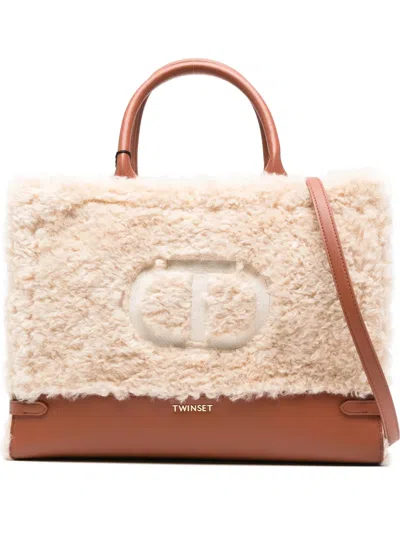 Twinset Shearling Top-handle Tote Bag In Neutral