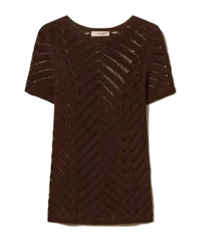 Twinset Sheer Chevron Knitted Top In Brown
