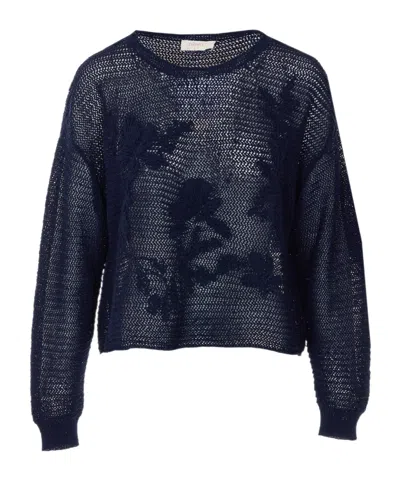 Twinset Sheer Embroidered Knitted Sweater In Blue