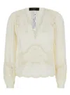 Twinset White Blouse With V Neck And All-over Embroidery In Fabric Woman In Beige