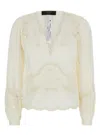 Twinset White Blouse With V Neck And All-over Embroidery In Fabric Woman In Beige