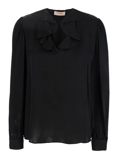 TWINSET BLACK V-NECK BLOUSE WITH RUFFLES