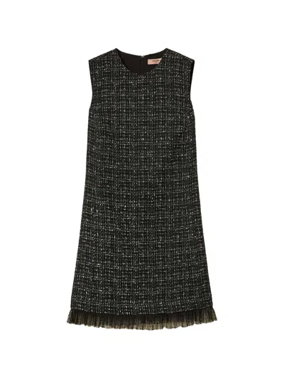 Twinset Short Bouclé And Plumetis Tulle Dress In Black