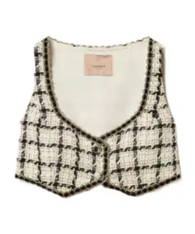 Twinset Short Bouclé Top With Check Pattern In Neutral