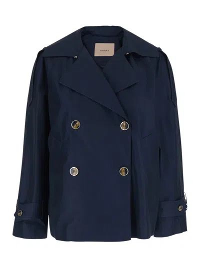 Twinset Short Double-breasted Mini Trench Jacket In Tech Fabric For Women In Blue