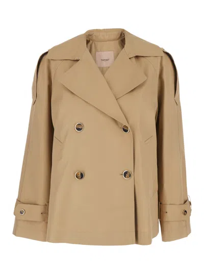 Twinset Short Double-breasted Tech Trench Coat With Epaulettes In Brown