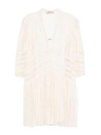 Twinset Short Dress In Grey With Lace In Neutral