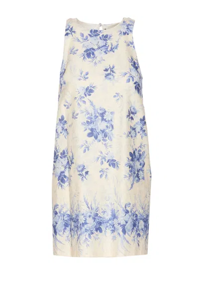 Twinset Short Dress With Flower Print In Avorio/blu
