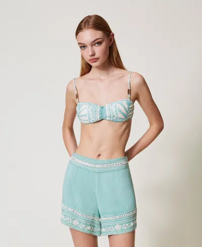 Twinset Short En Lin Mélangé Avec Broderie In Blue