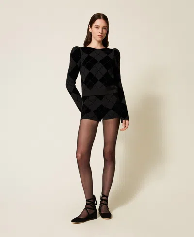 Twinset Short En Maille Avec Losanges Et Incrustations In Black