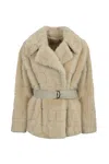 Twinset Short Faux Fur Coat With Logo In Yellow Cream