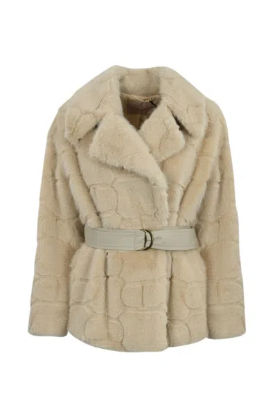 Twinset Short Faux Fur Coat With Logo In Yellow Cream