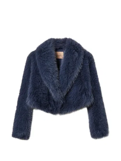 Twinset Cropped Faux Fur Jacket In Blue