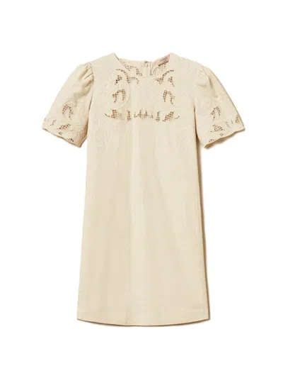 Twinset Short Mini Dress With Puffed Sleeves In Neutral