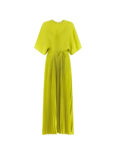 Twinset Pleated Belted Long Dress In Green