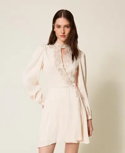Twinset Robe Courte En Satin Avec Broderie In Neutral