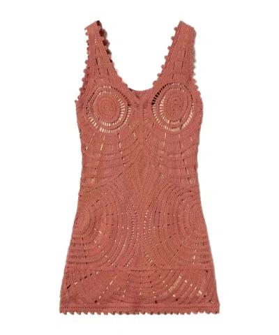 Twinset Short Sleeveless Crochet Knit Dress In Brown