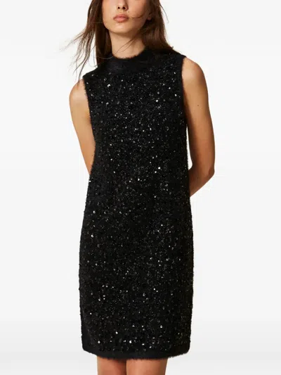 Twinset Short Turtleneck Knit Dress With Embroidery In Black