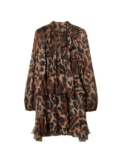 Twinset Short Voile Dress With Animal Print In Brown