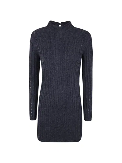 Twinset Short Wool-knit-blend Dress With Rhinestones In Blue