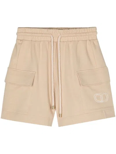 Twinset Logo-embroidered Cotton Shorts In Beige