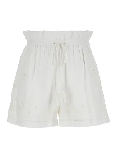 TWINSET WHITE SHORTS WITH DRAWSTRING AND EMBROIDERIES IN COTTON AND LINEN WOMAN