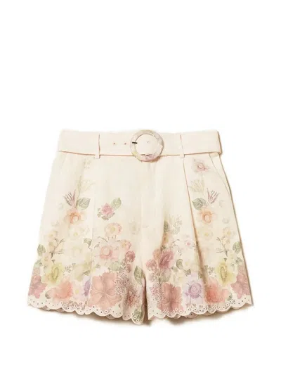 Twinset Beige Shorts With Floral Print And Waist Belt In Linen Woman In Neutral