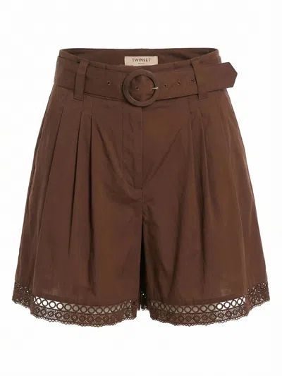 Twinset Shorts With Macrame And Belt In Brown