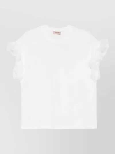 Twinset Silk Blend Top Crew Neck Ruffle Sleeves In White