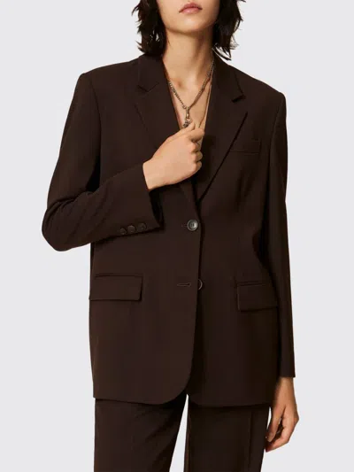 Twinset Single-breasted Cropped Satin Blazer With Lapel Collar And Flap Pockets In Black