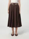 Twinset Twin-set Flowing Midi Skirt With Fitted Waist And Decorative Belt In Coffee