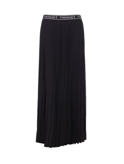 Twinset Pleated Midi Skirt Elastic Waist In Black