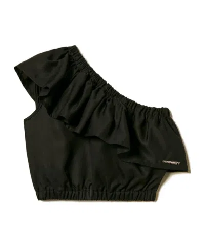 Twinset Slated Shoulder Top With Flounce In Black