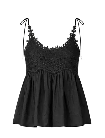 Twinset Sleeveless Black Top With Delicate Crochet Detailing