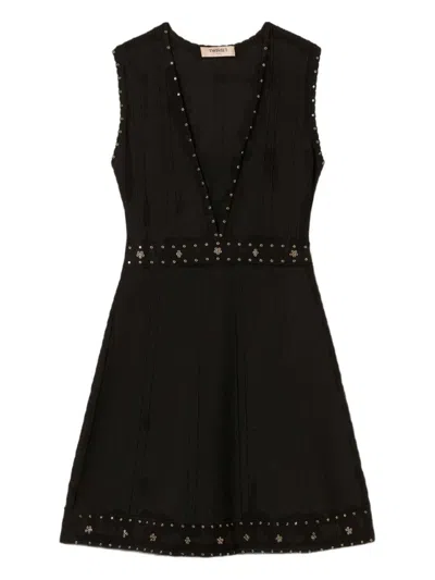 TWINSET SLEEVELESS MINI DRESS WITH DEEP V-NECKLINE AND DECORATIVE STUDS