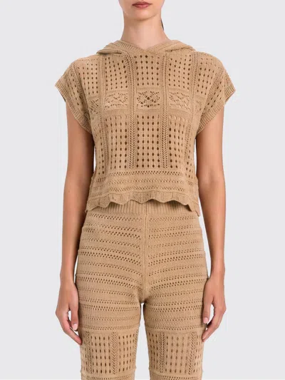 Twinset Slim Fit Hooded Openwork Cotton Knit Top With Short Sleeves In Brown