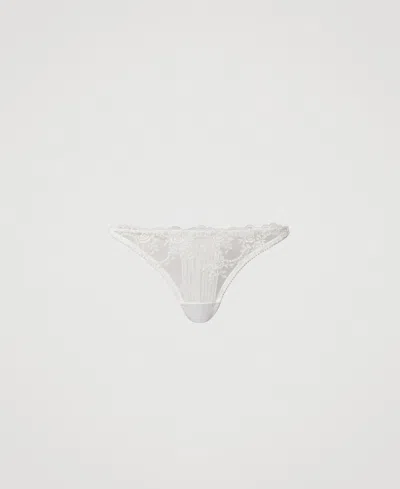 Twinset Slip Brésilien En Tulle Plissé Brodé In White