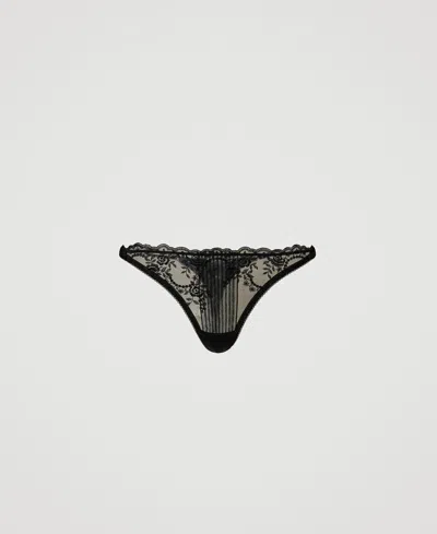 Twinset Slip Brésilien En Tulle Plissé Brodé In Black