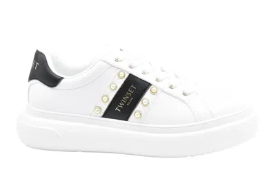 Twinset Sneakers With Contrasting Heel Tab And Gold Studs In White