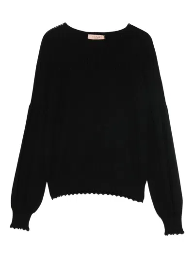 Twinset Soft Ribbed Knit Sweater With Scalloped Details In Black