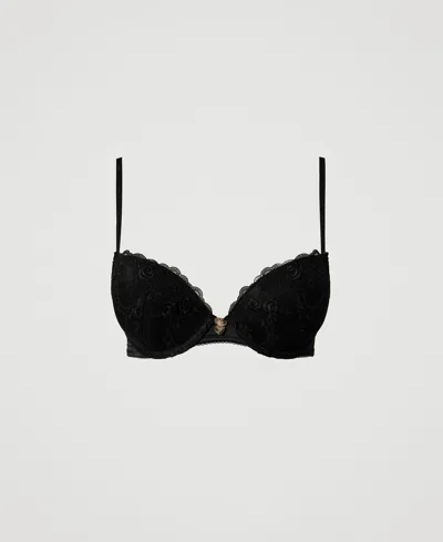 Twinset Soutien-gorge Push-up En Tulle Brodé In Black