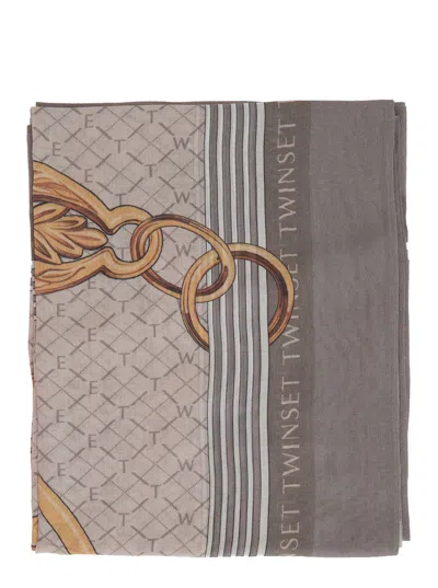 Twinset St. Lucky Charms Scarf With Logo Details In Beige