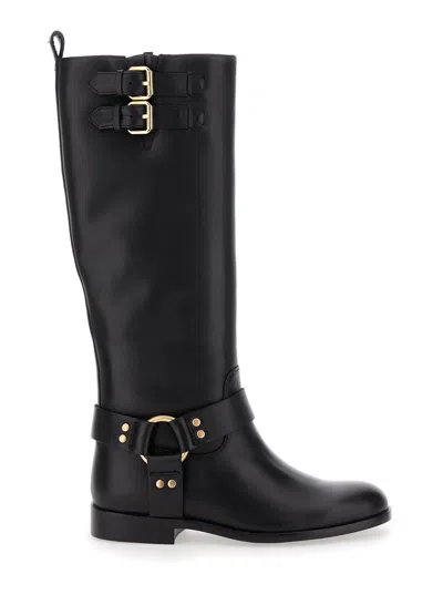 TWINSET BLACK BUCKLE BOOTS IN LEATHER WOMAN