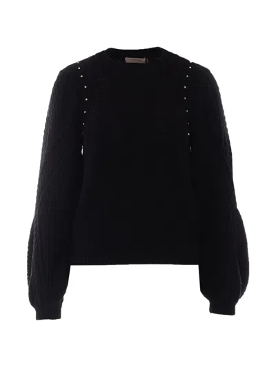 Twinset Embellished Balloon-sleeve Knitted Sweater In Black