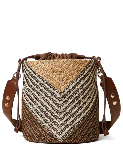 Twinset Straw Patterned Bucket Bag In Brown