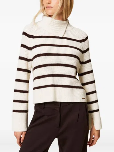 Twinset Striped Asymmetrical-neck Sweater In Neutral