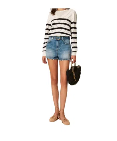 Twinset Striped Cotton And Cashmere Crew Neck Jumper In White