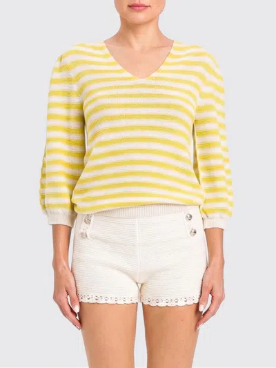 Twinset Striped Cotton-blend V-neck Jumper With Long Sleeves In Yellow