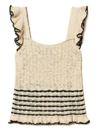 Twinset Striped-detail Ruffled Blouse In Brown