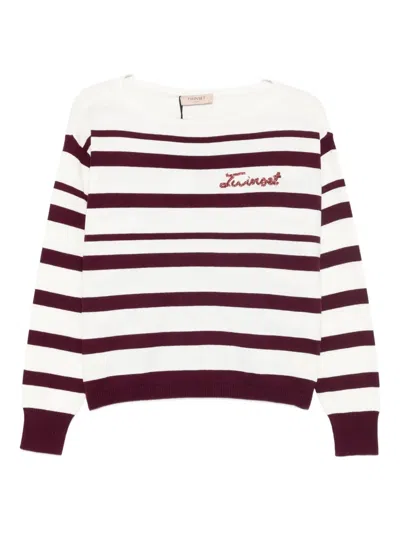 Twinset Striped Embellished-logo Sweater In Multi